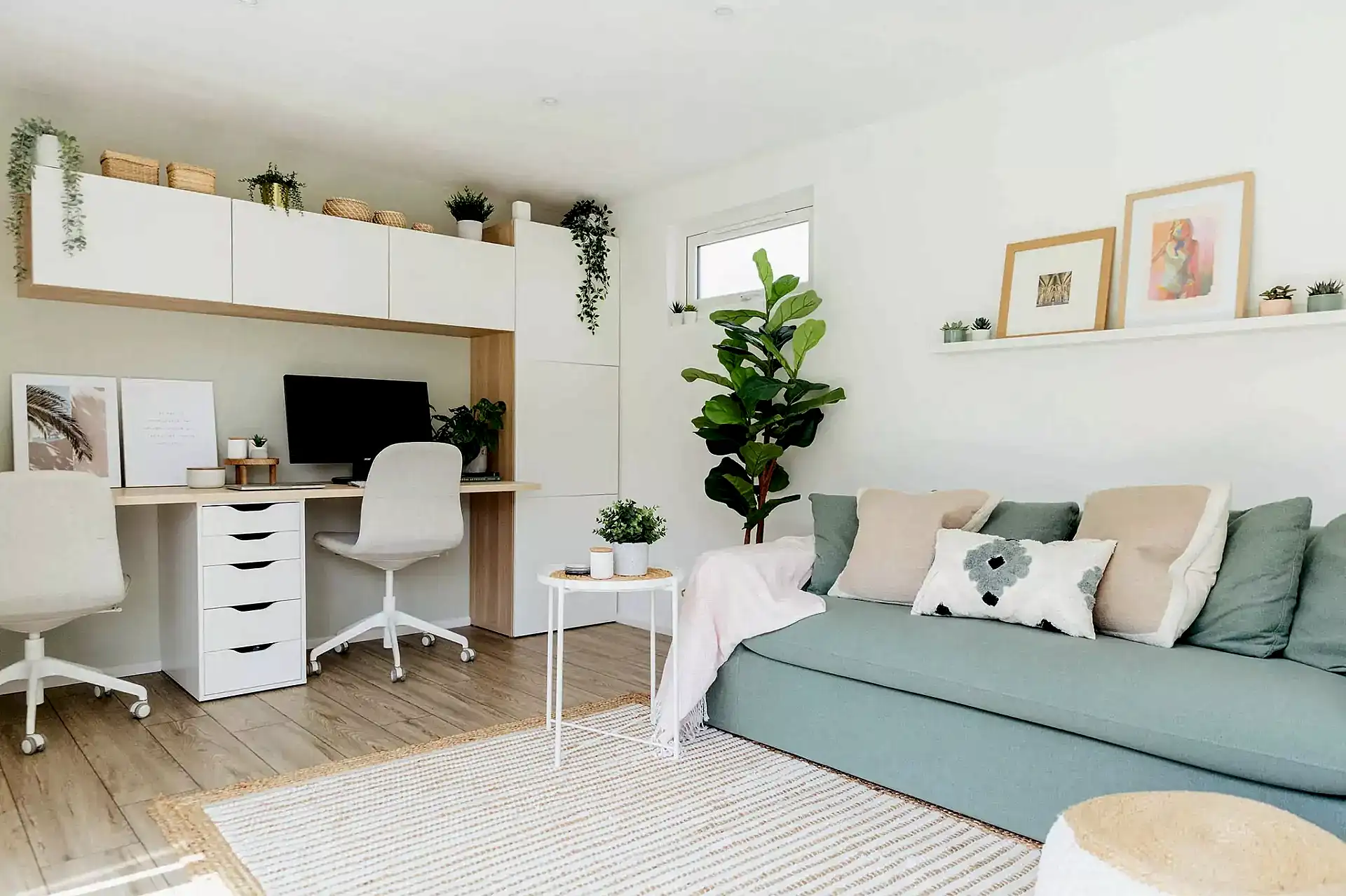 pastel home office with storage and sofa