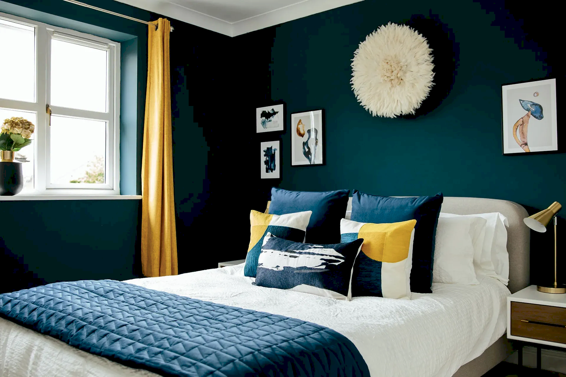Navy blue and yellow bedroom