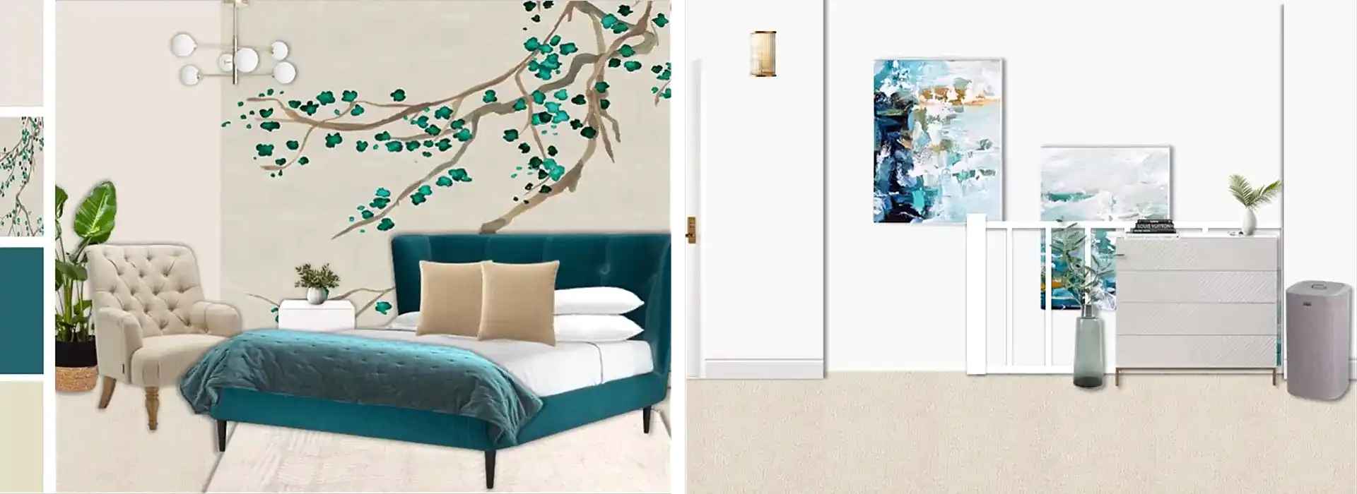 Neutral, green bedroom design