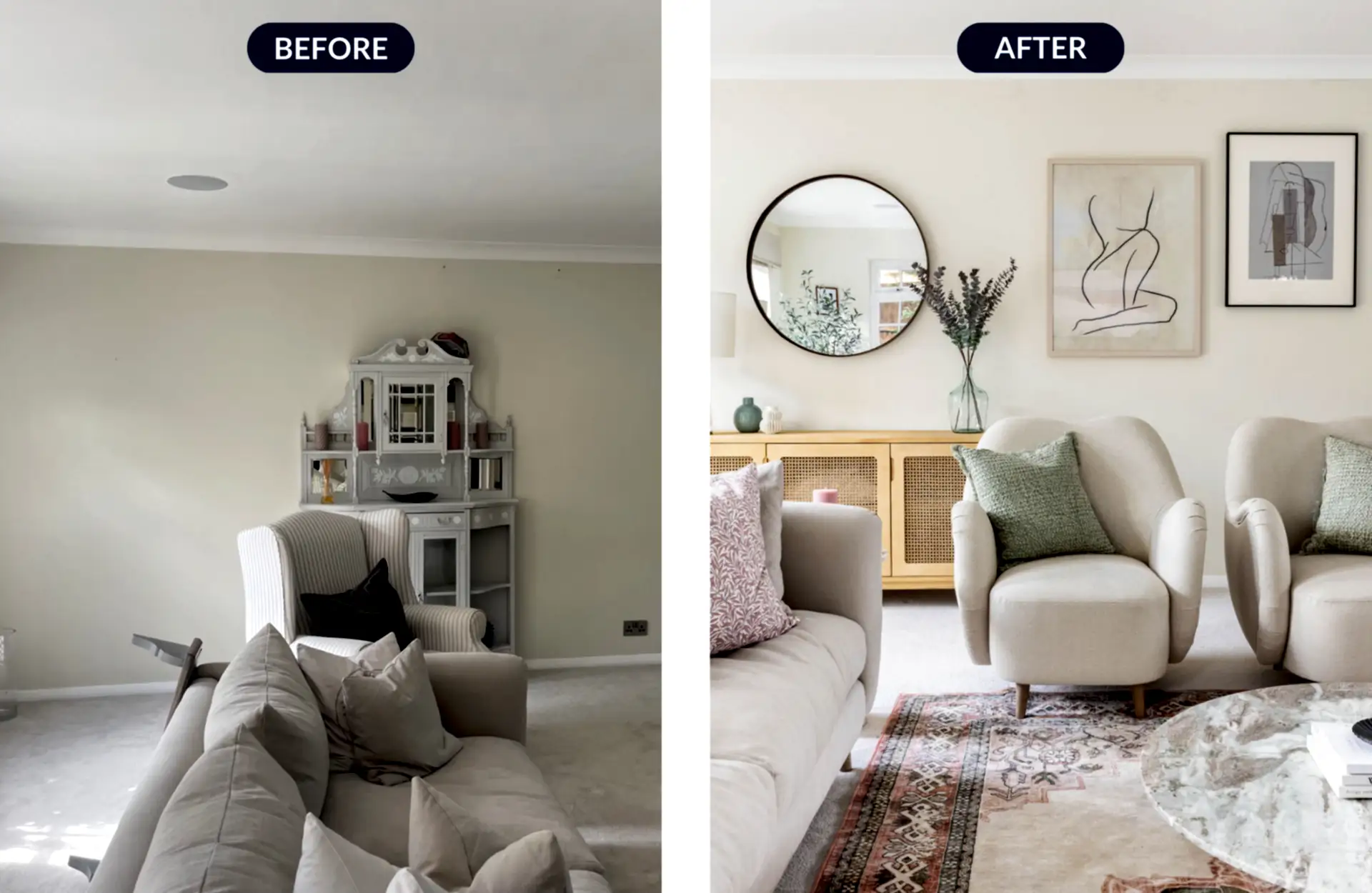 Neutral living room before and after