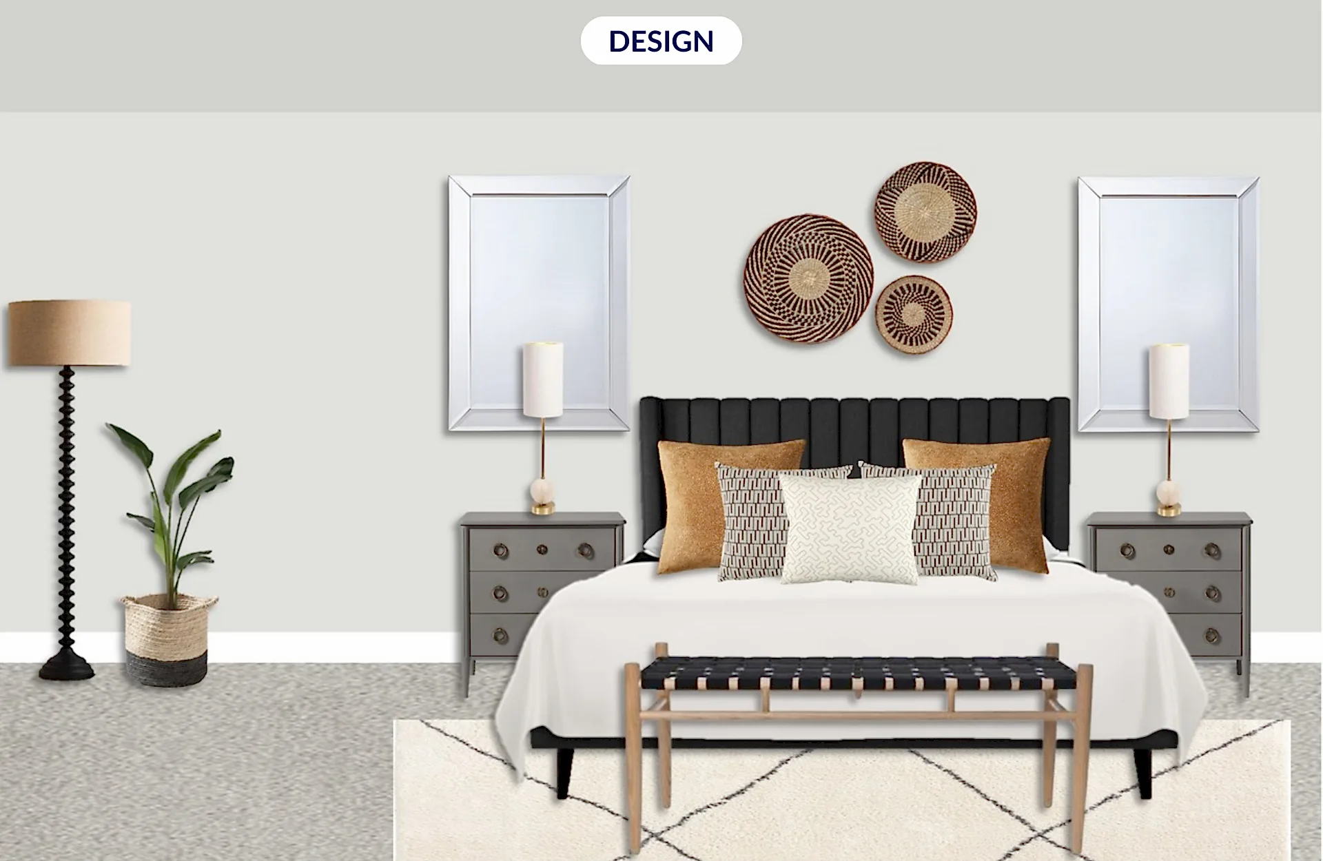 Grey and mustard bedroom moodboard