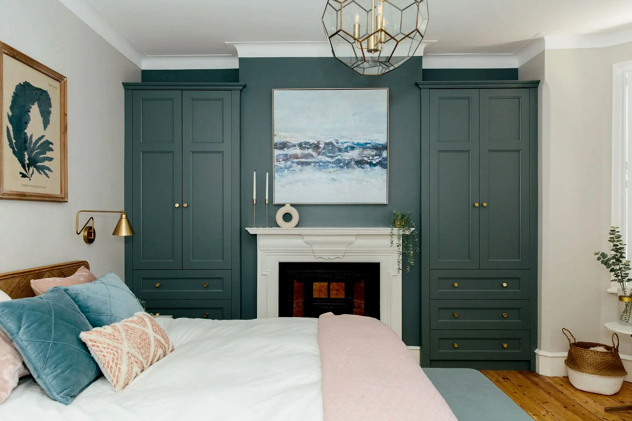 calm blue and pink bedroom