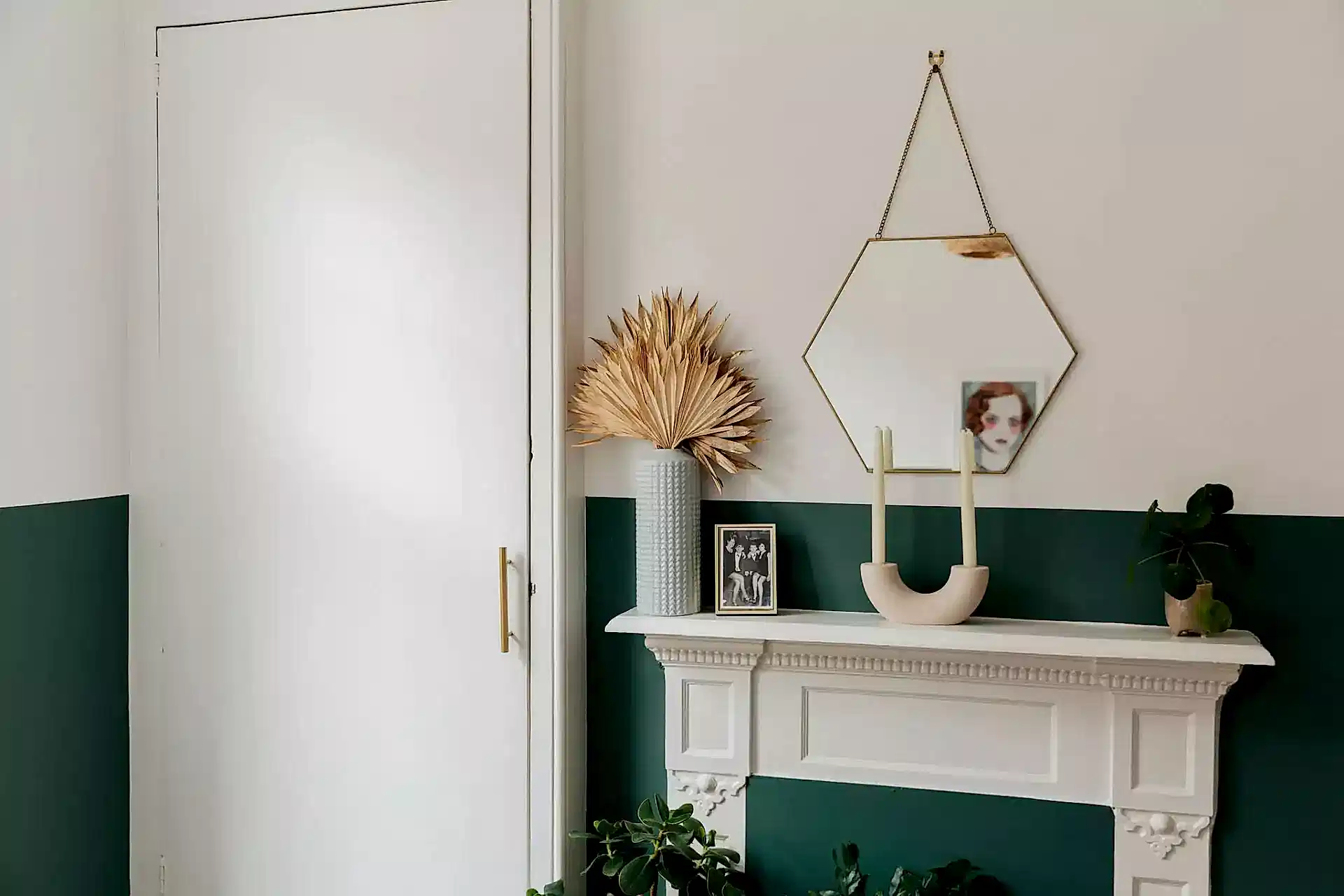 Half painted wall with fireplace