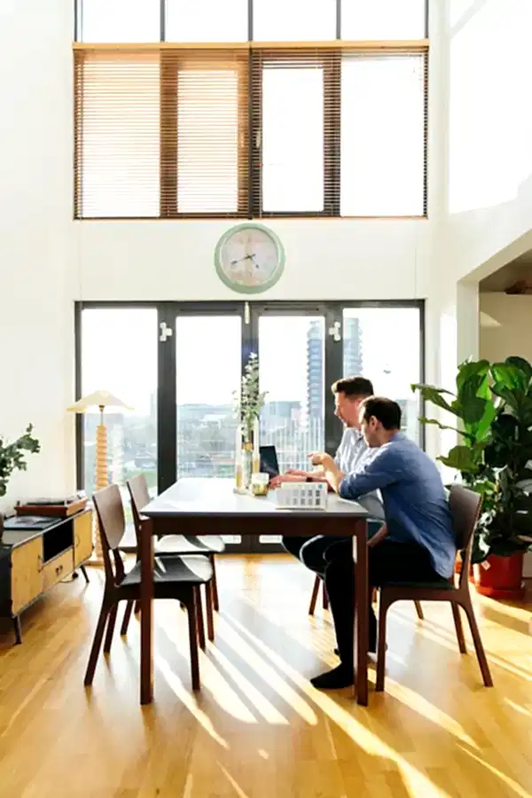 Bright open plan space with tall windows