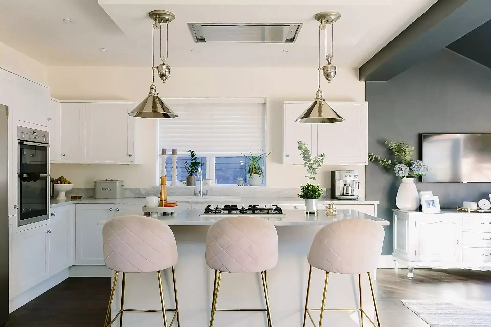 pink and grey open kitchen