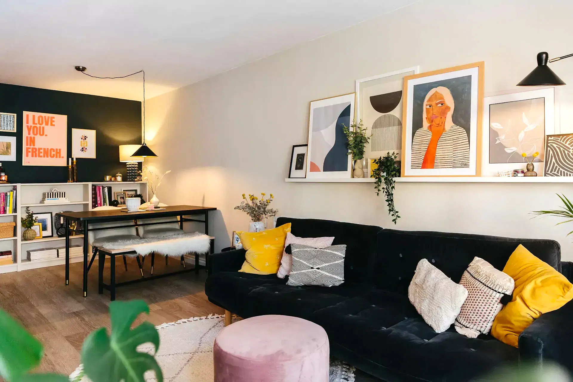 Eclectic living room with warm lighting