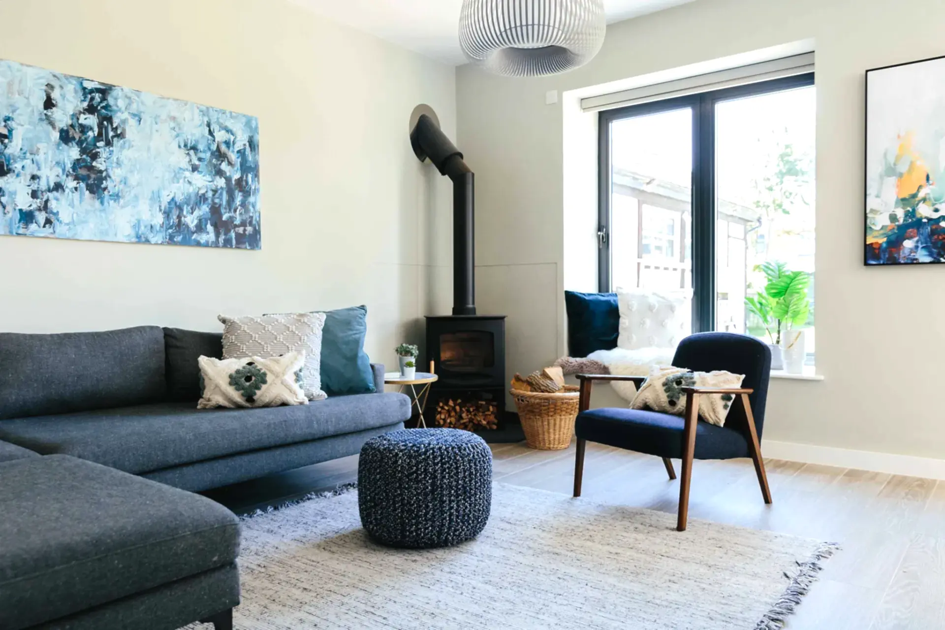 Open blue living room with fire place