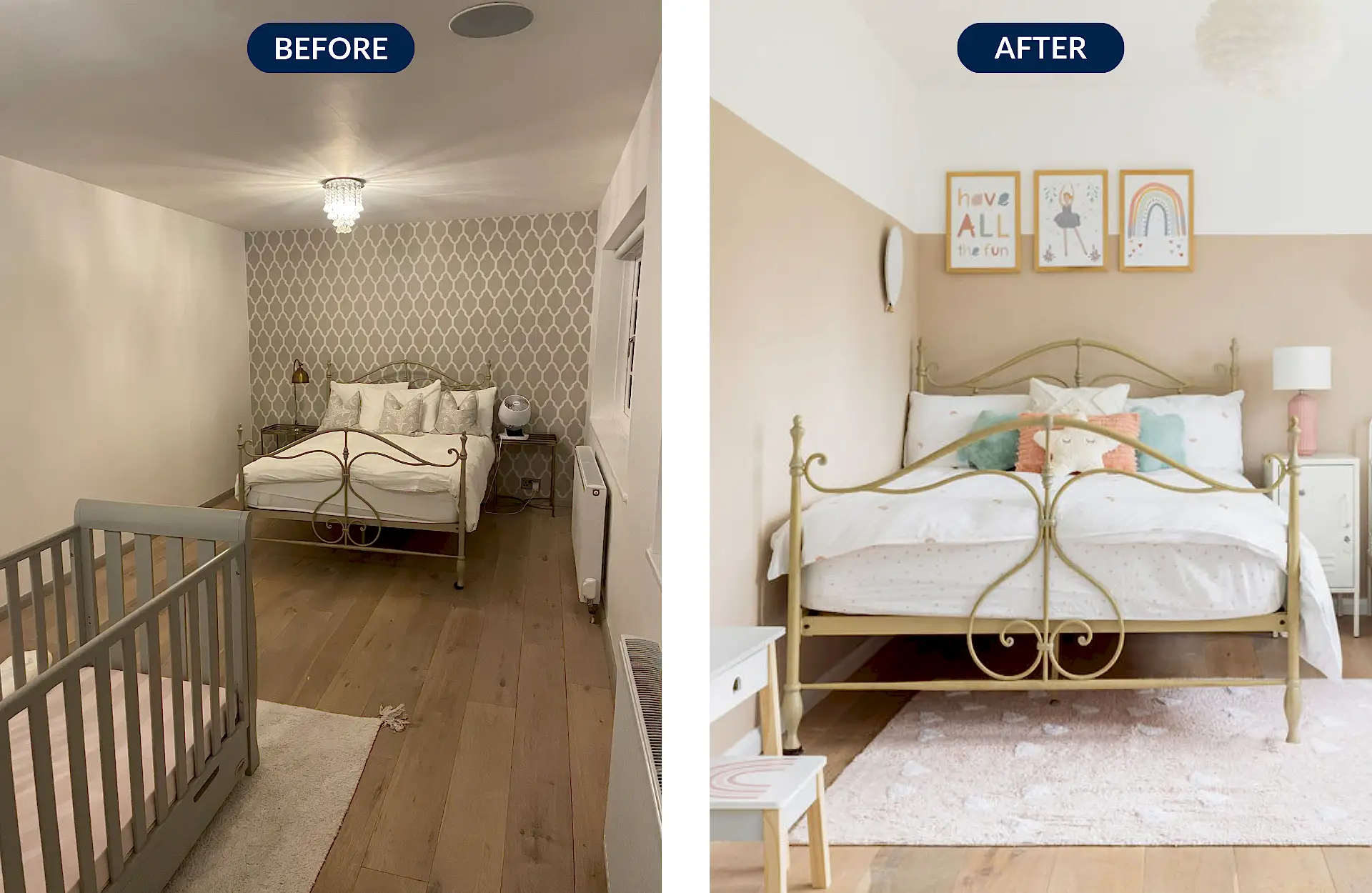 Pink childrens bedroom with gold accents