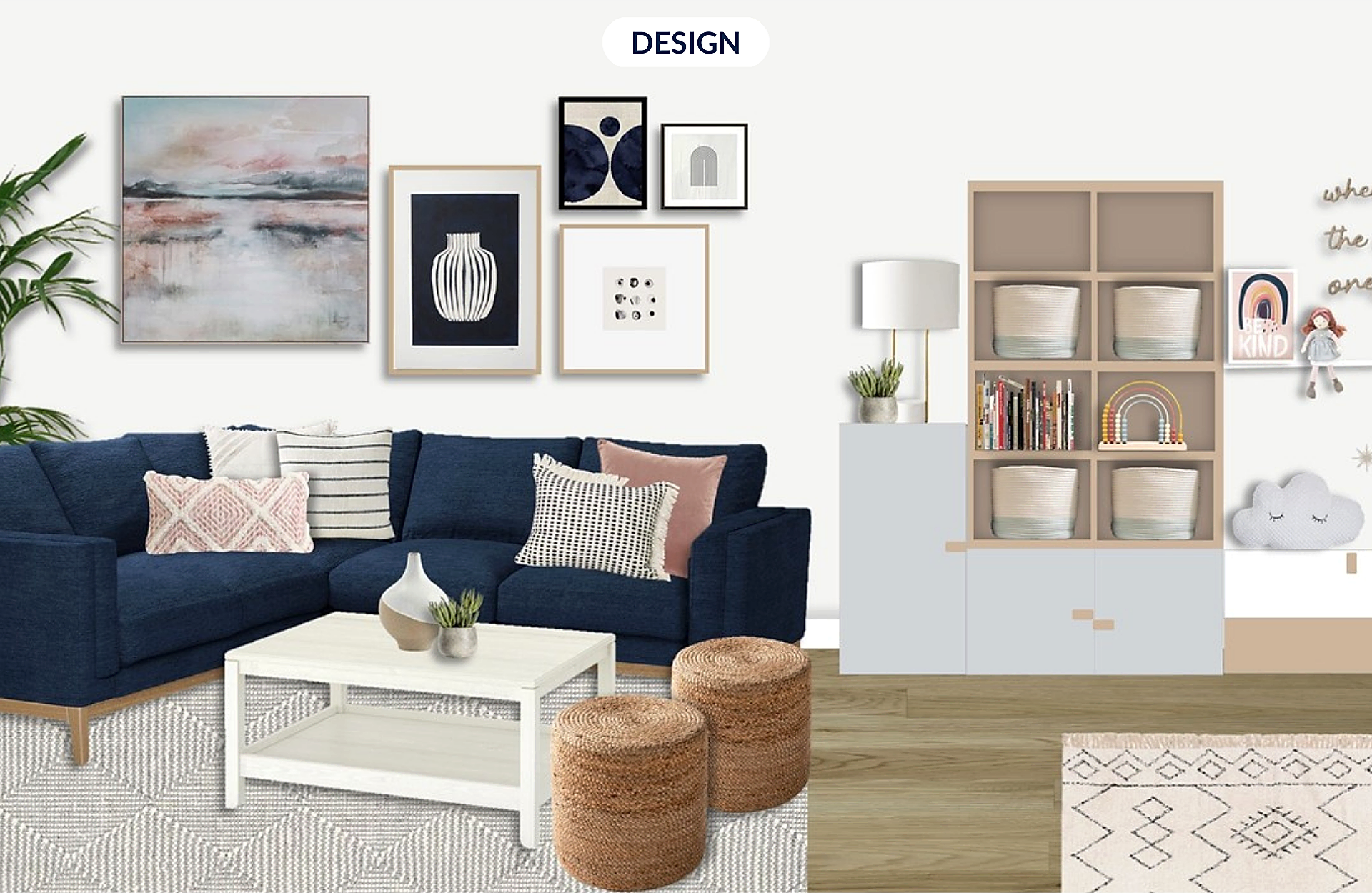 Neutral playroom with blue sofa design