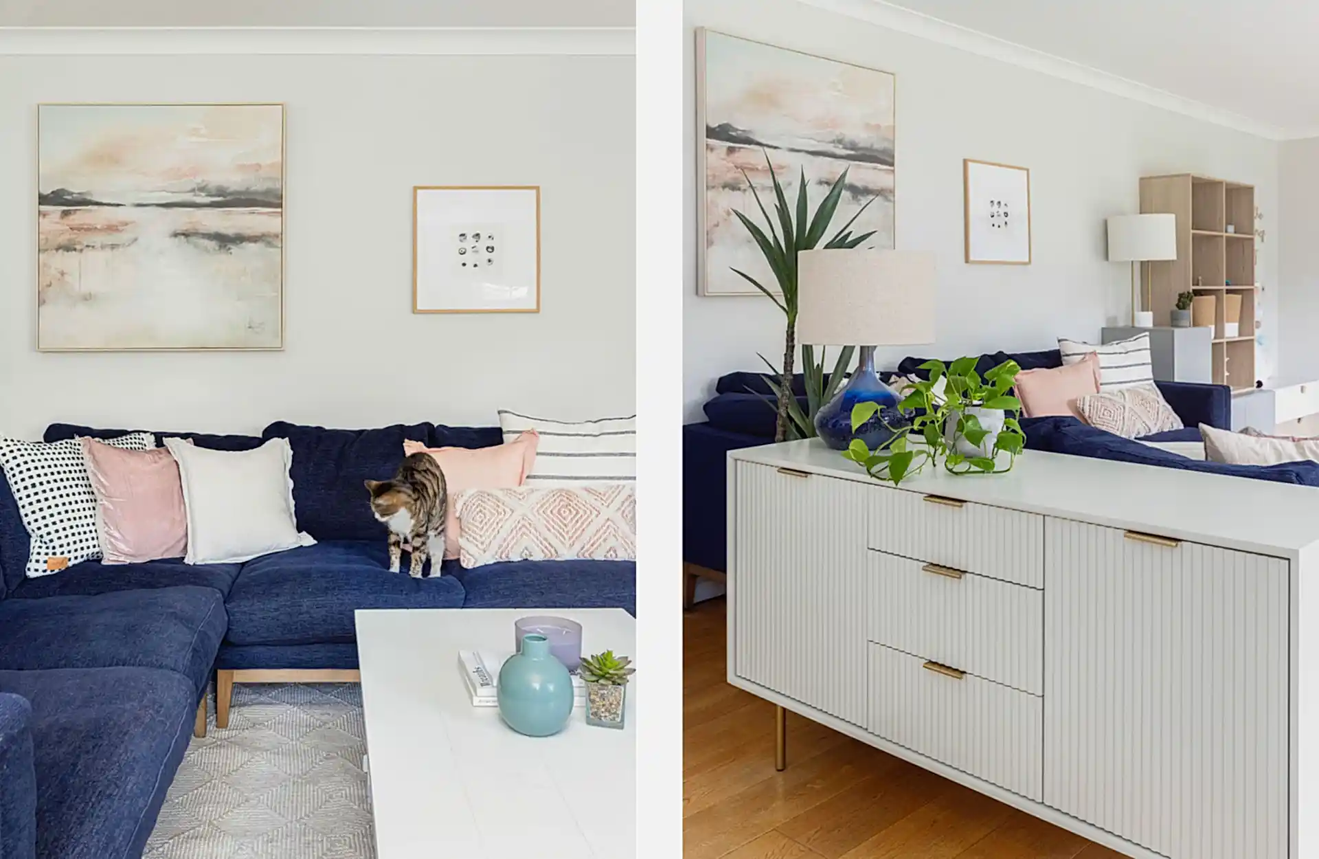Neutral living room with blue sofa