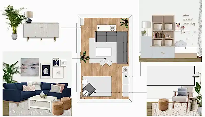 Rectangular long narrow living room example