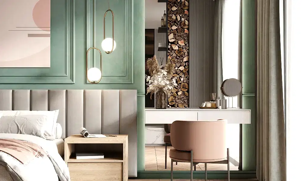 Sage green and grey bedroom
