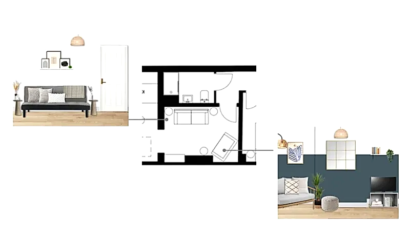 Pass-through living room layout floorplan