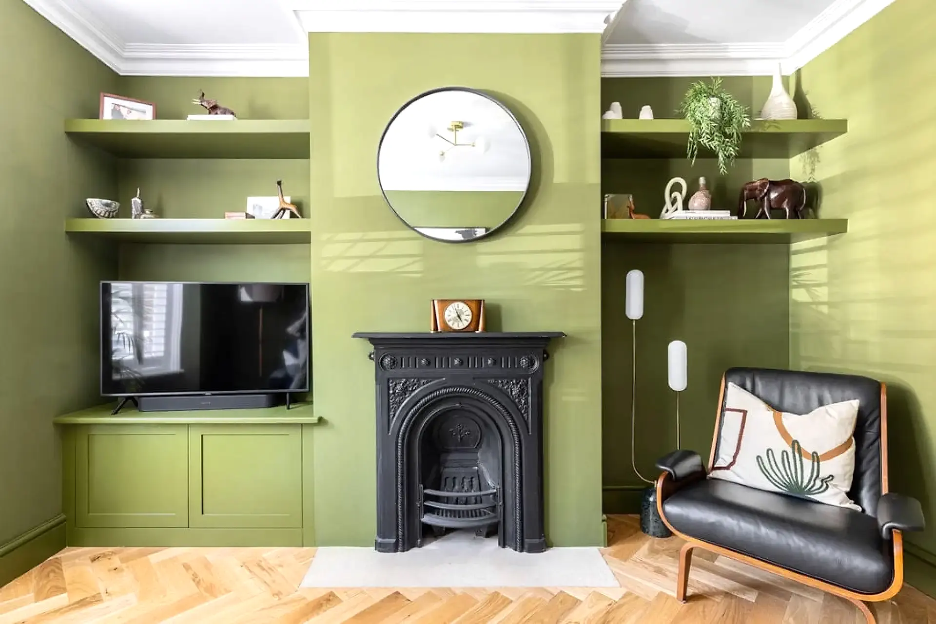 Storage shelves around chimney in victorian home
