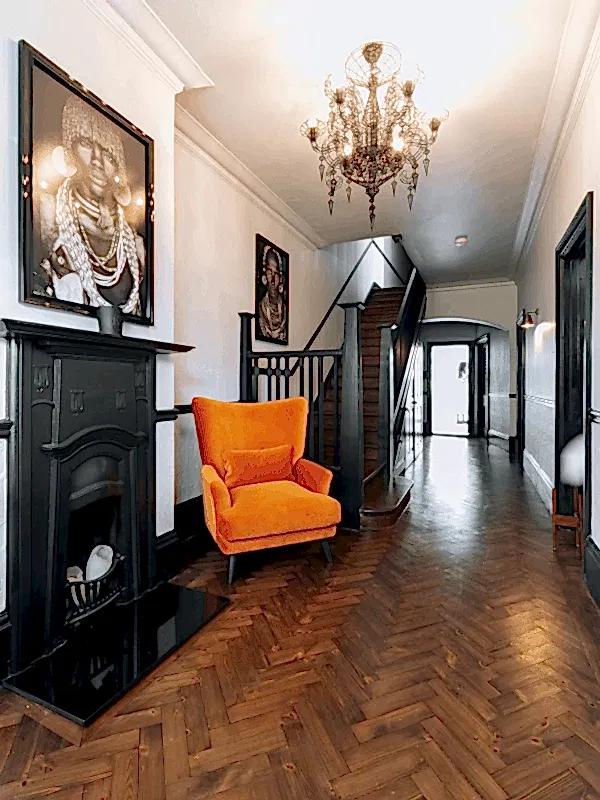 orange chair in hallway