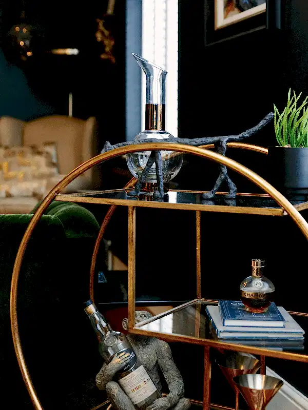 Bar cart with eclectic ornaments