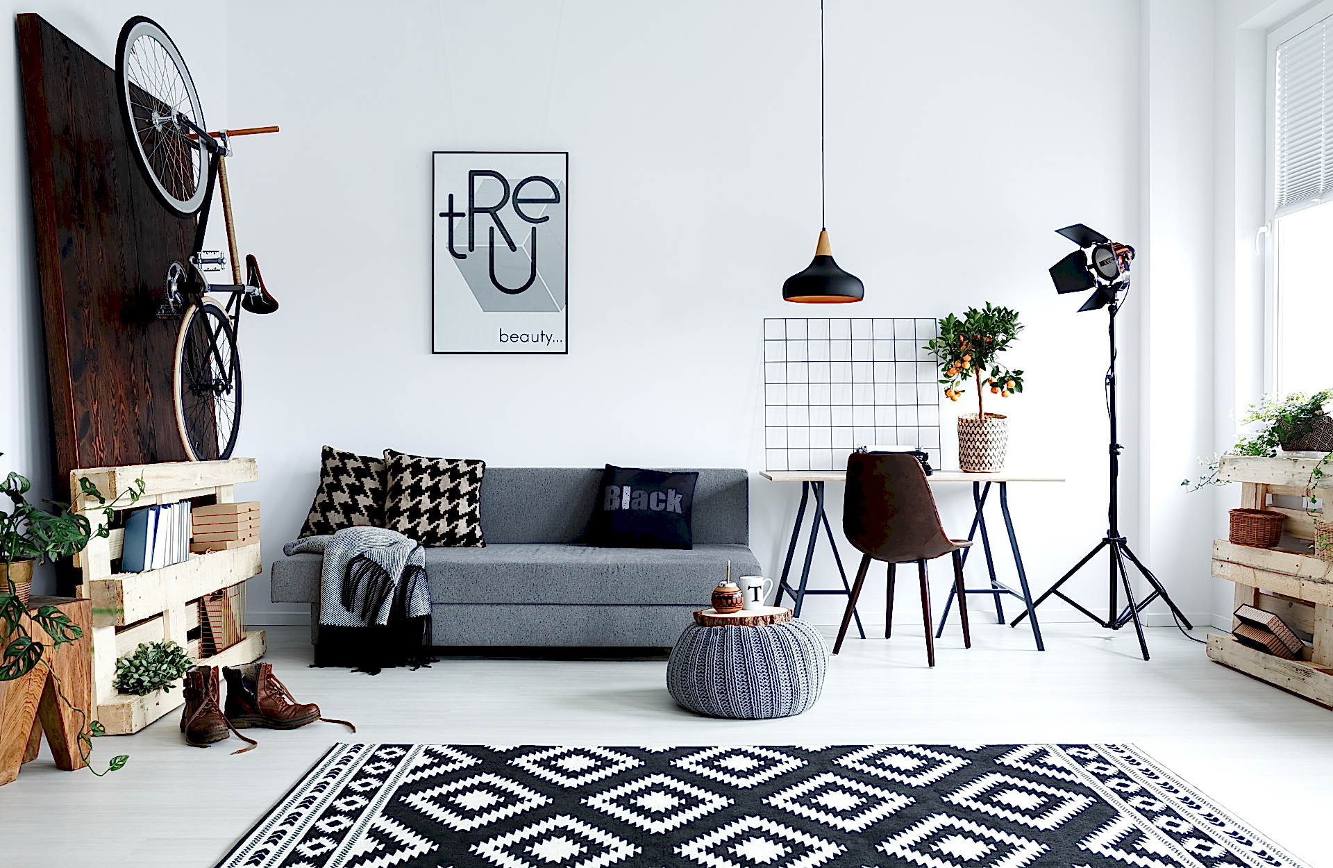 large grey home office with sofa