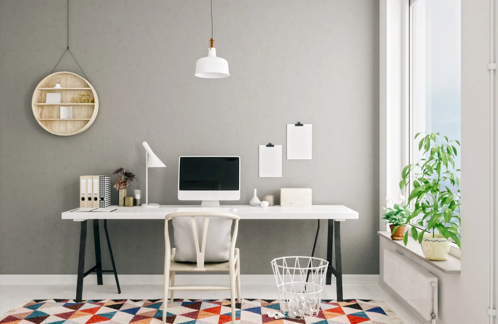 grey home office with bold carpet
