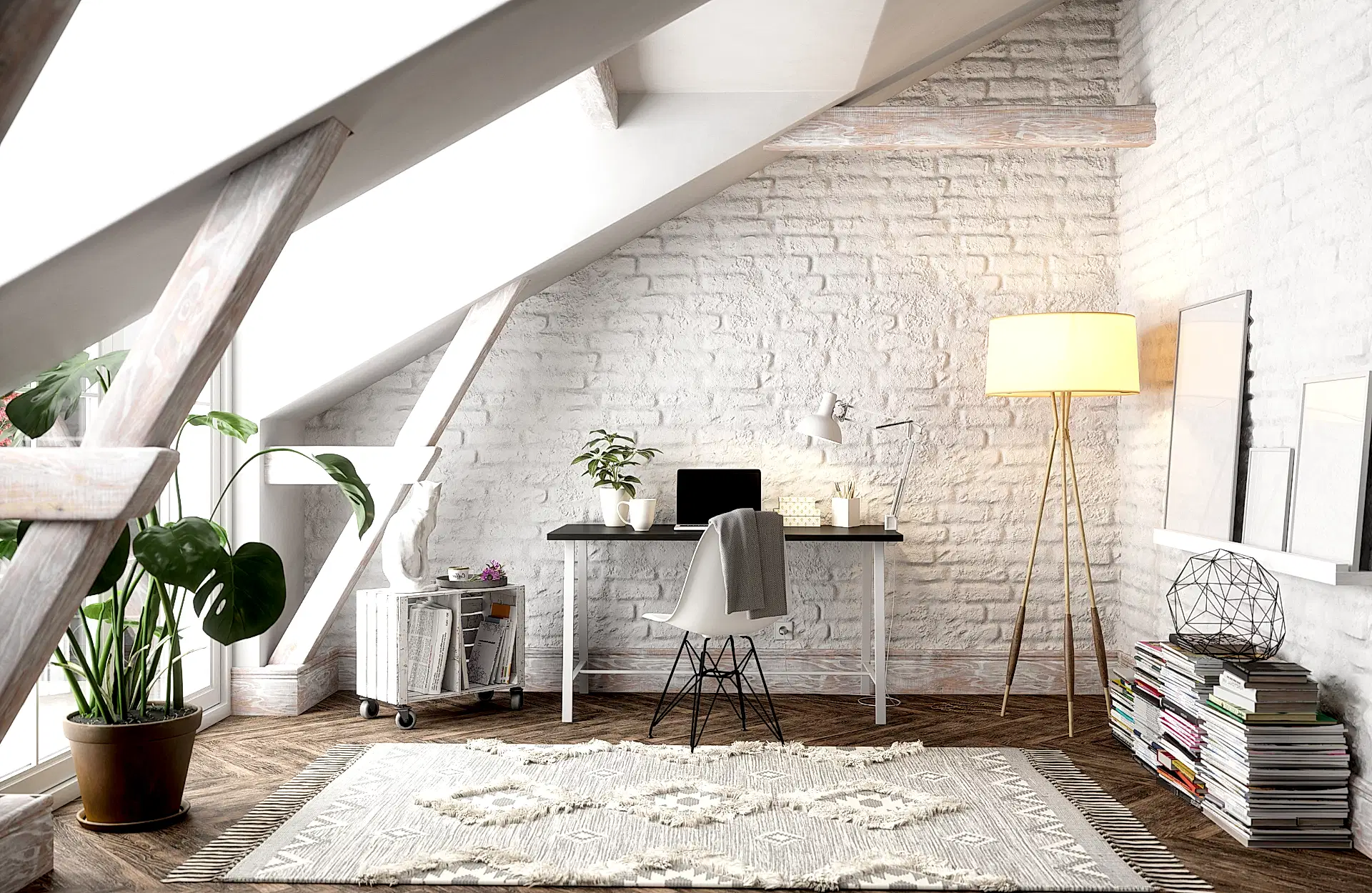 white loft home office