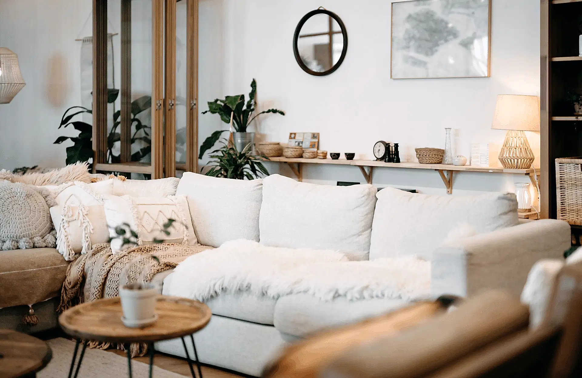 sofa with fur and wool blankets
