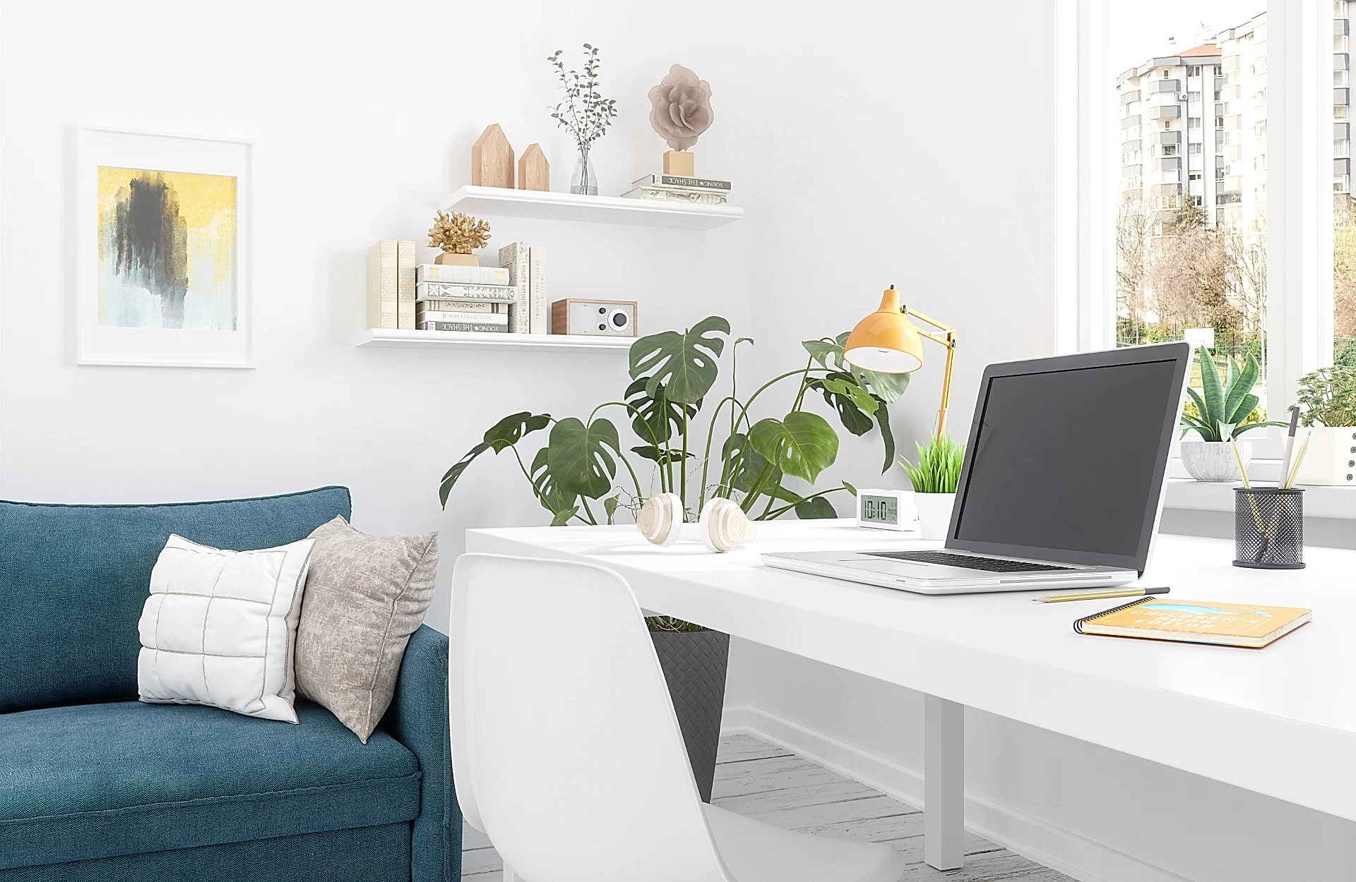 white office with house plants