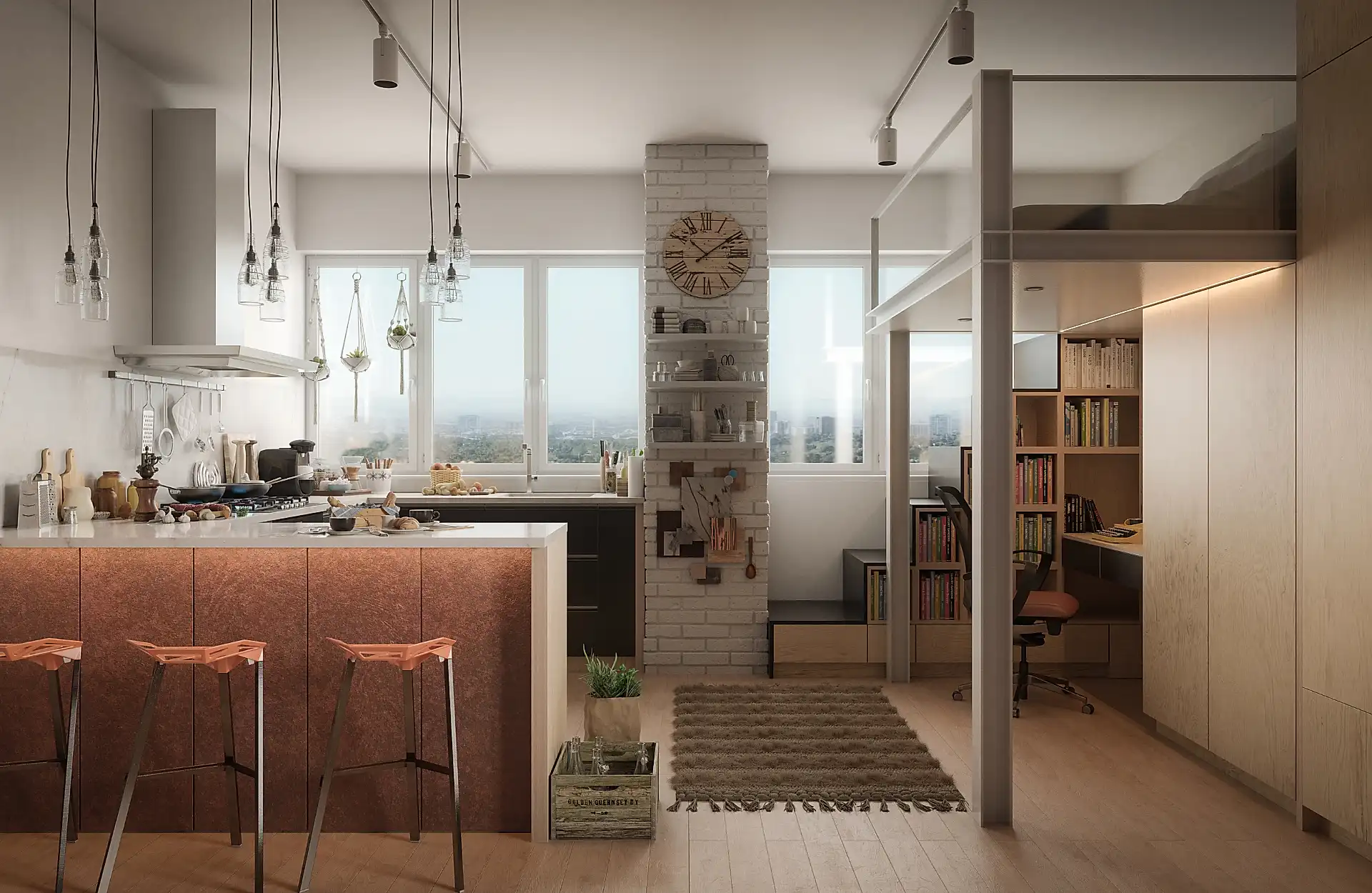 Home office in open plan kitchen