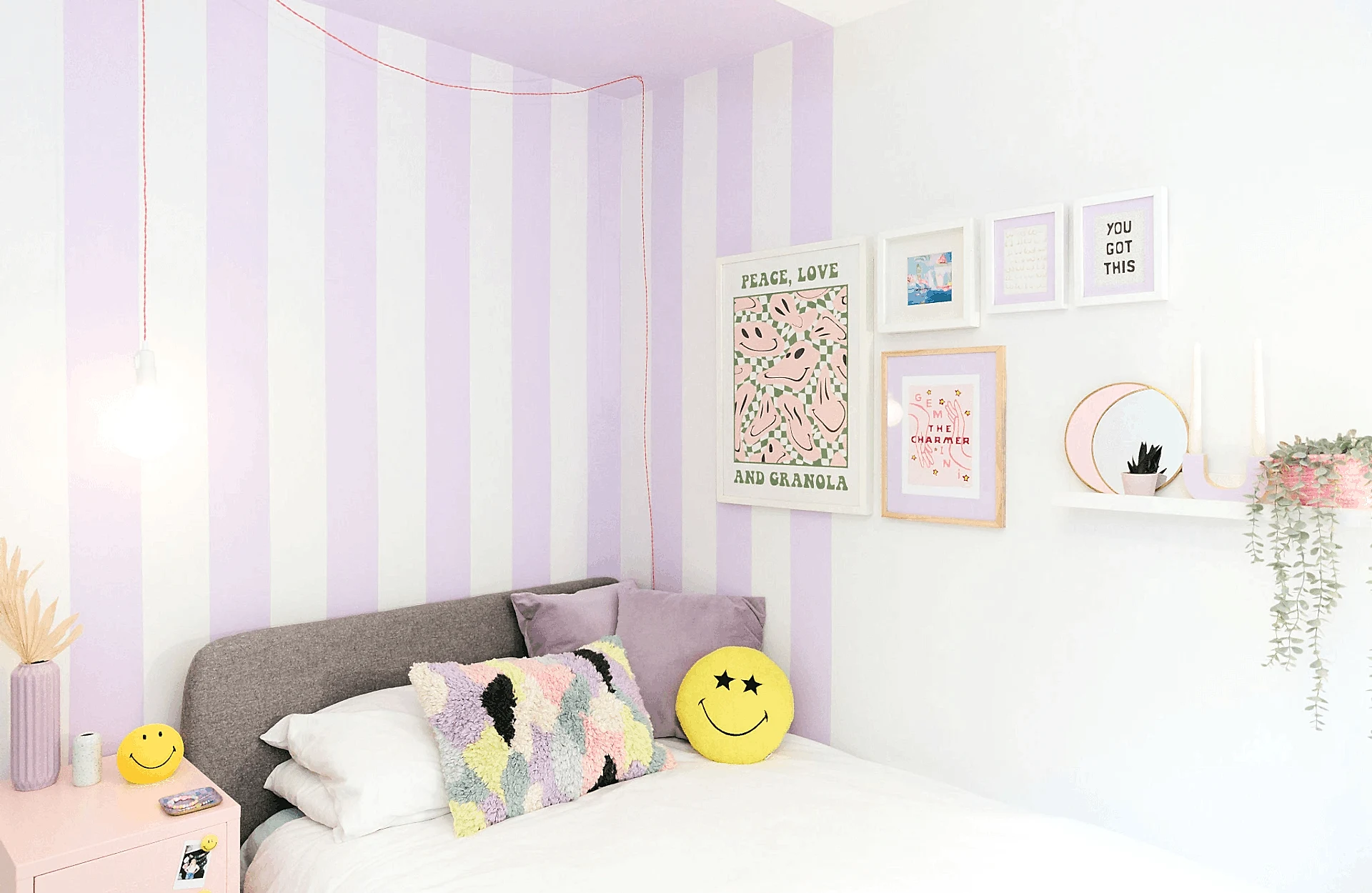 Kids room with stripes painted on wall