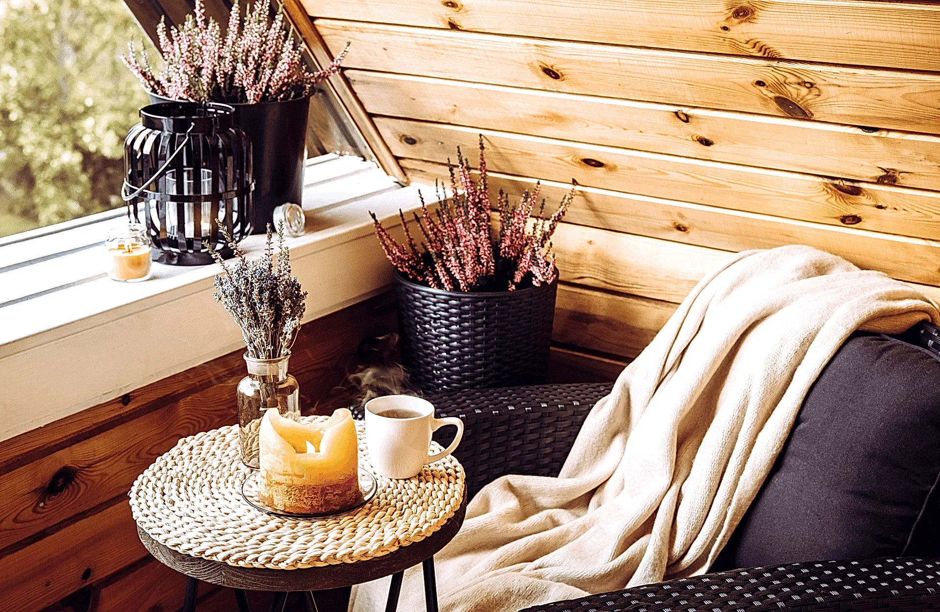 wooden chair with lavender in pots