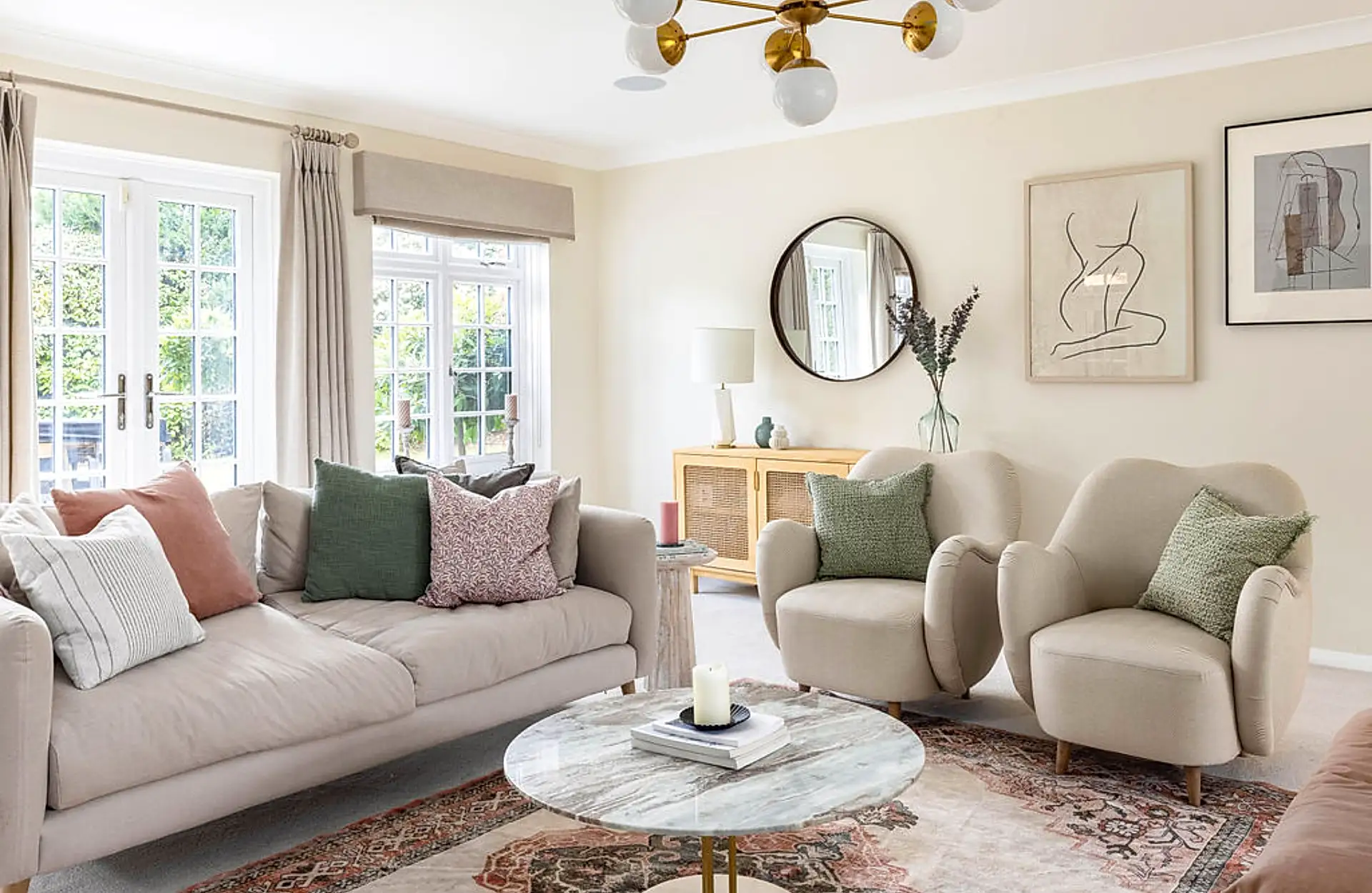 Neutral, cottage-core living room