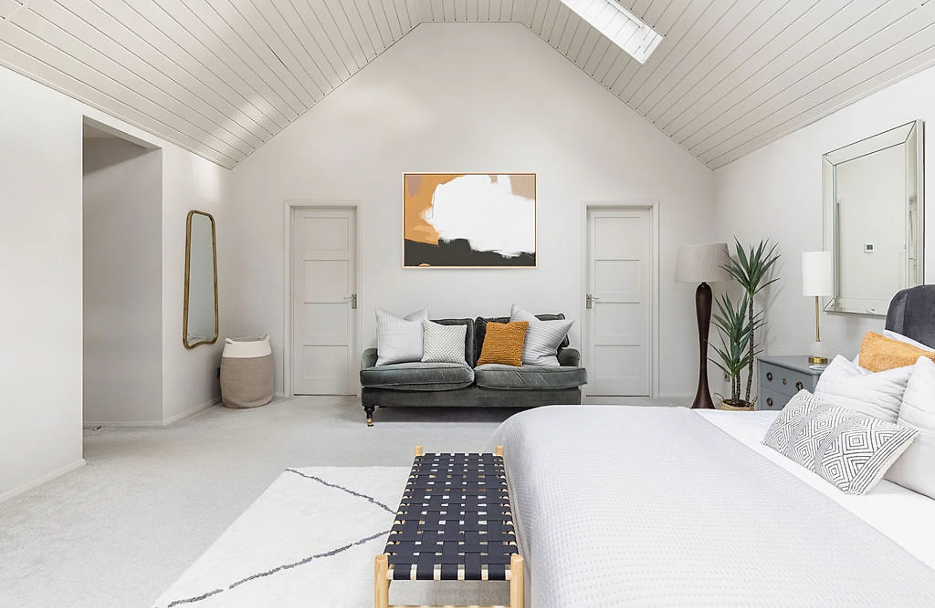 Grey and mustard master bedroom