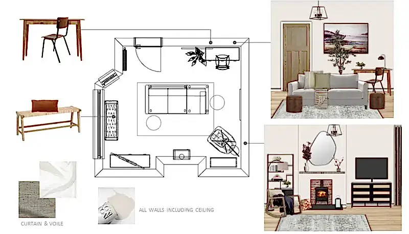 Living room layout with fireplace floorplan
