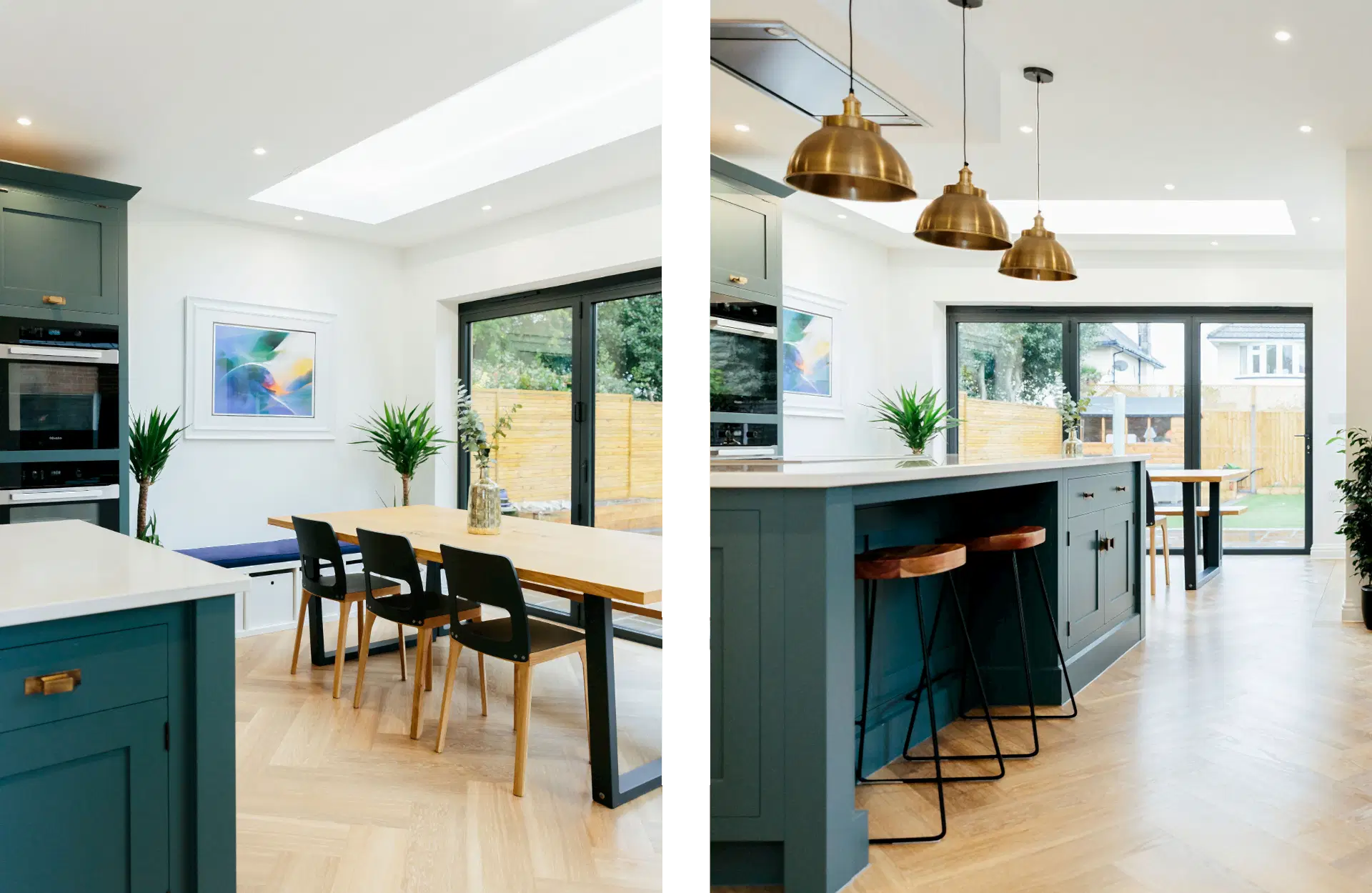 Blue open plan kitchen diner