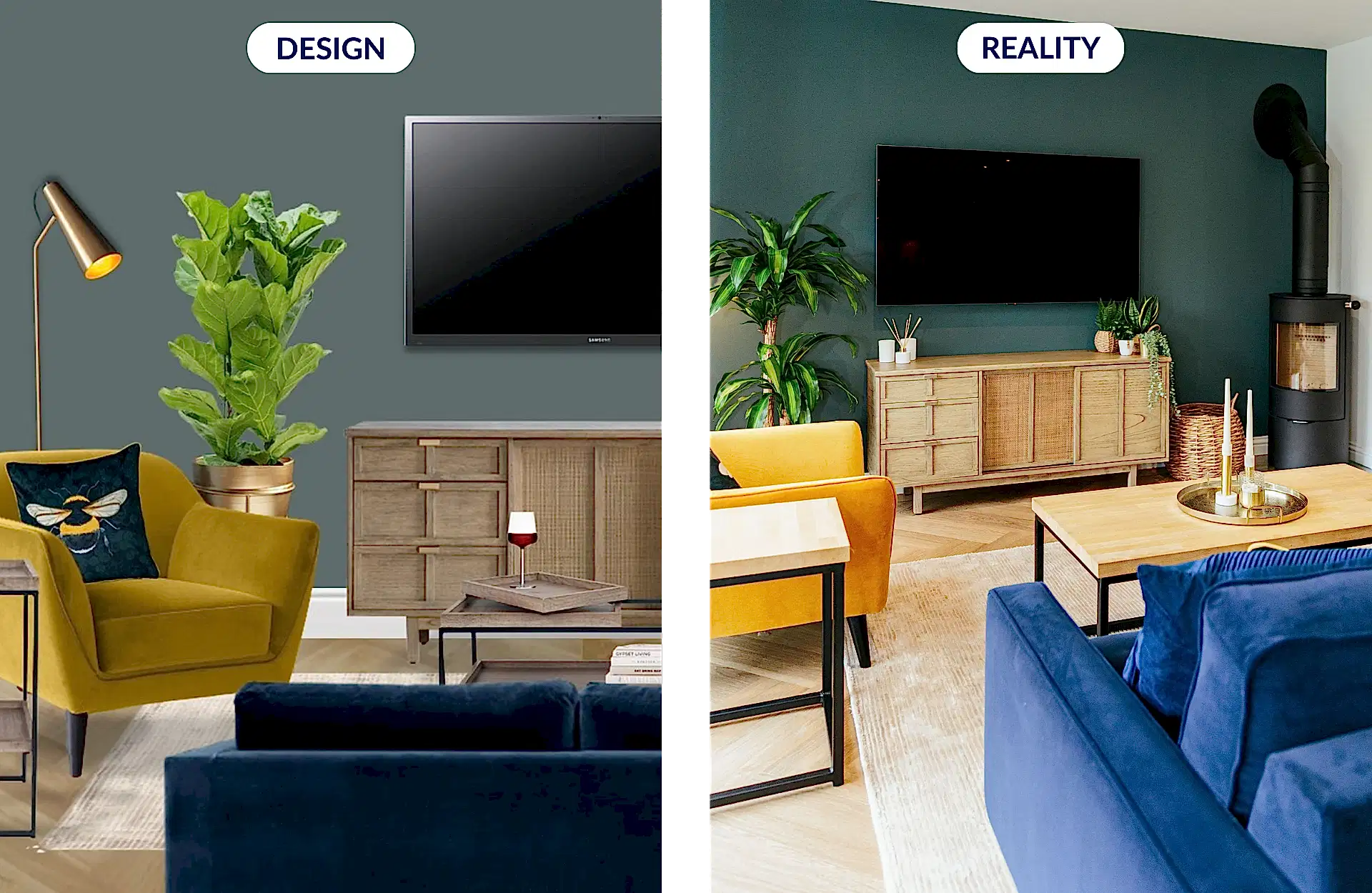 blue and yellow living room with fireplace