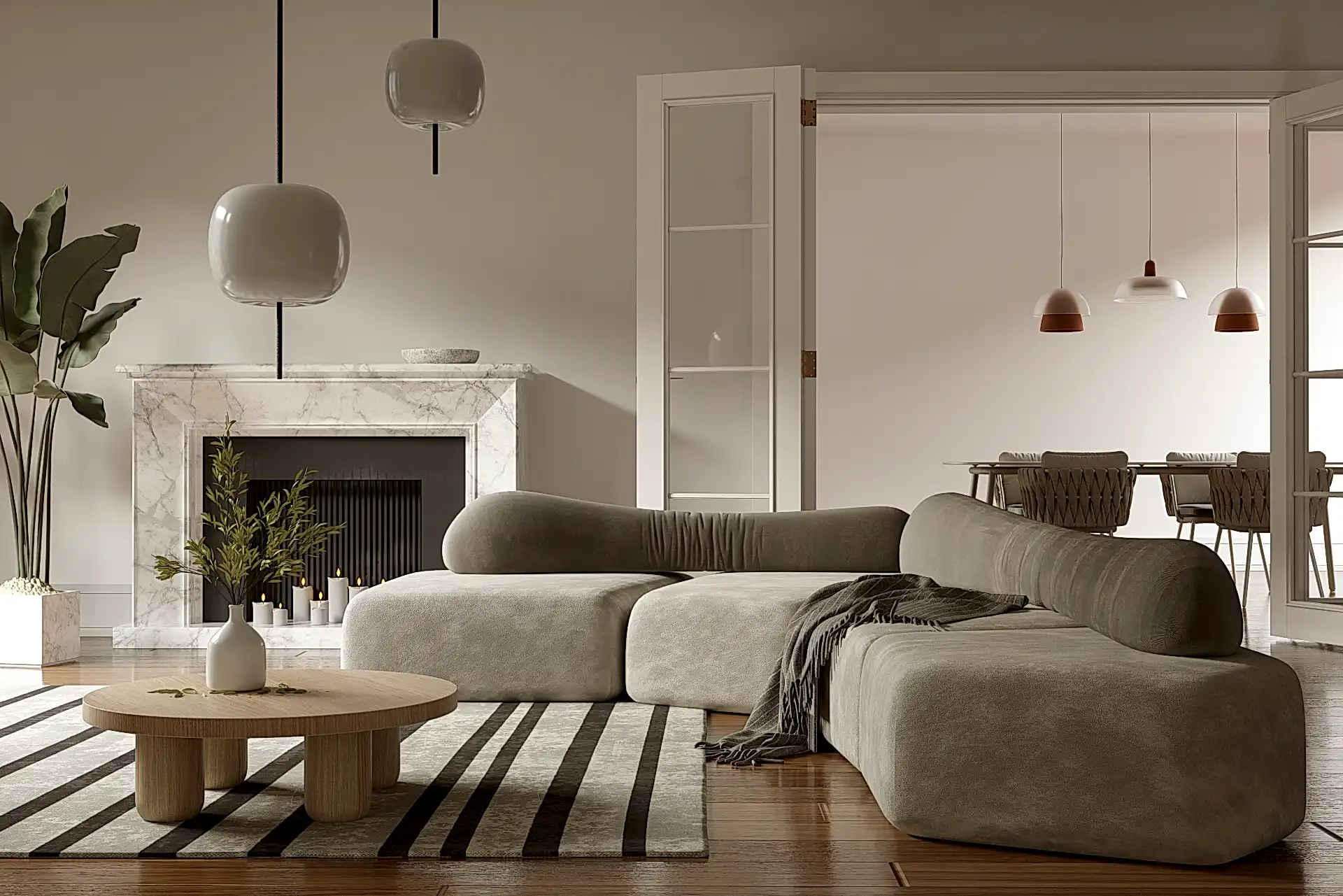 Grey living room with contempory minimalistic sofa
