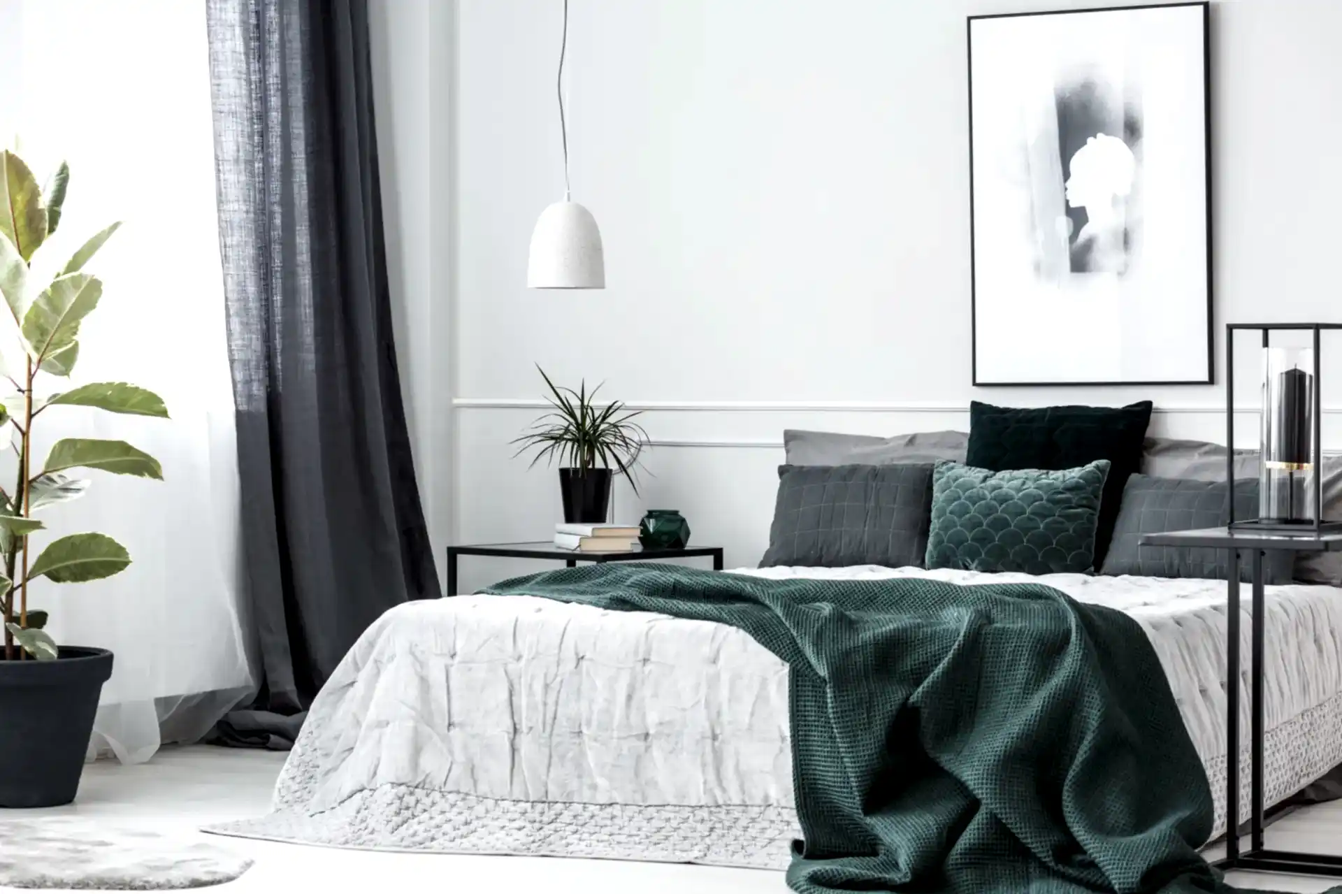 Emerald green and grey bedroom