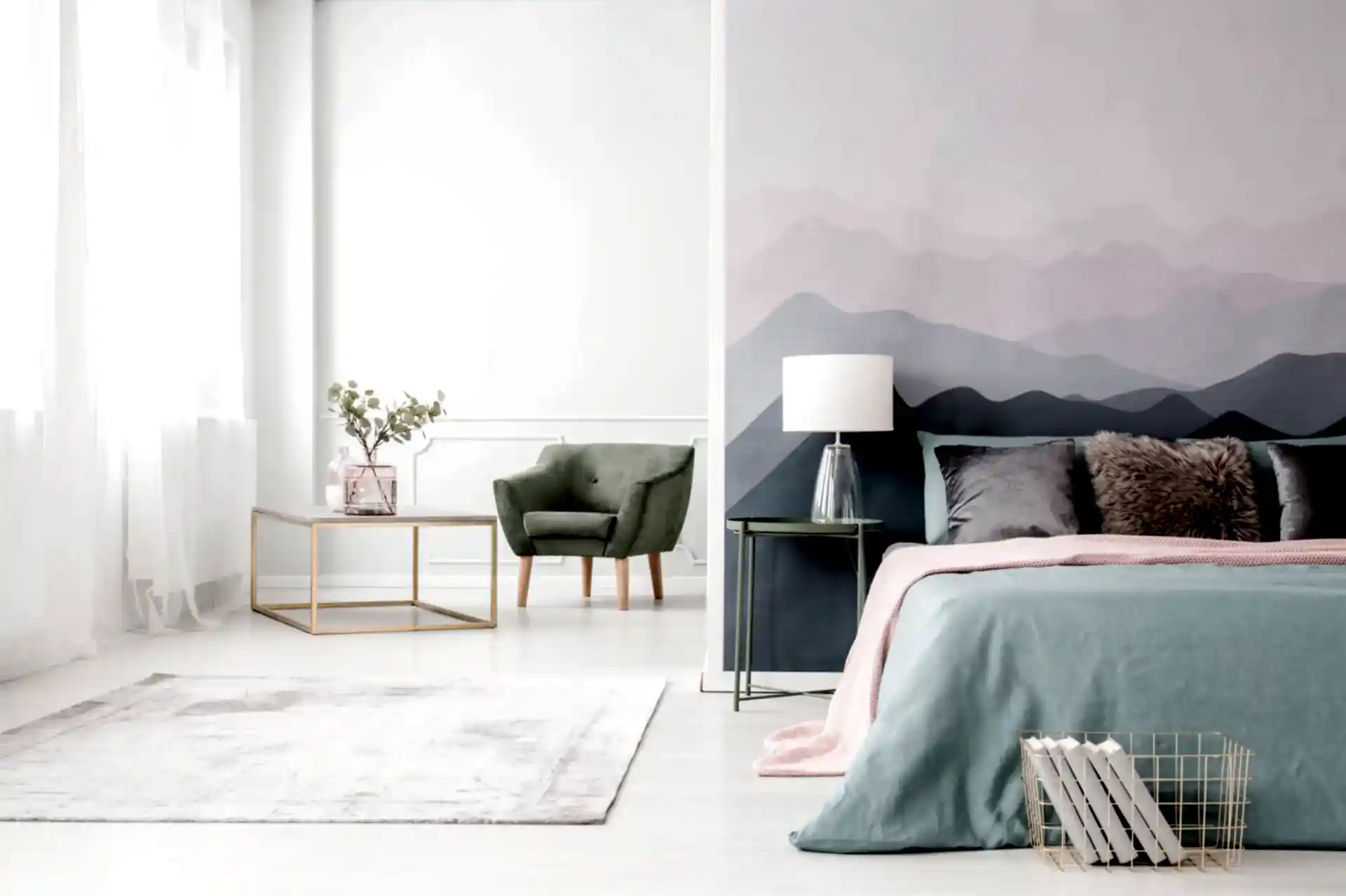 Pastel bedroom with wall mural